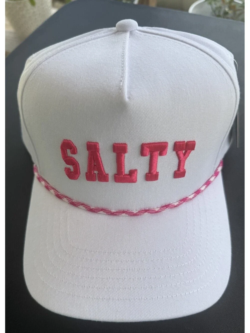 C.C. New York SALTY Trucker Hat White Pink Rope Embroidered Snapback NWT